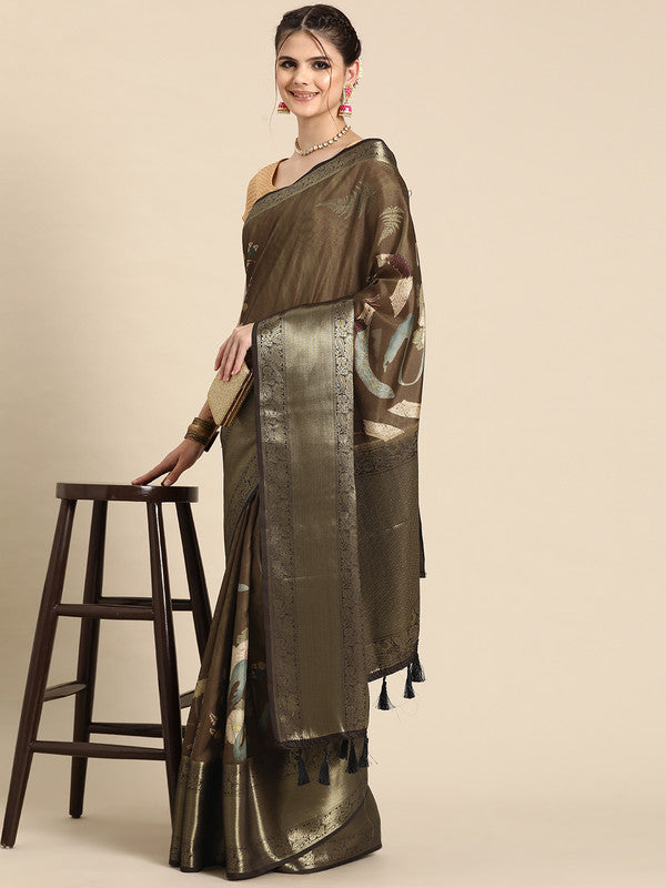 Multicolor Kanchipuram Silk Digital Print Floral Saree with Unstitched Blouse - Hiral Fashion | Swadesiicart