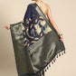 Navy Blue Kanchipuram Silk Digital Print Floral Saree with Unstitched Blouse - Hiral Fashion | Swadesiicart