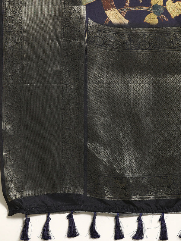 Navy Blue Kanchipuram Silk Digital Print Floral Saree with Unstitched Blouse - Hiral Fashion | Swadesiicart