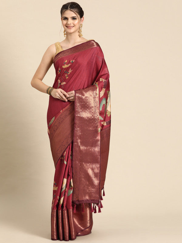Red Kanchipuram Silk Digital Print Floral Saree with Unstitched Blouse - Hiral Fashion | Swadesiicart