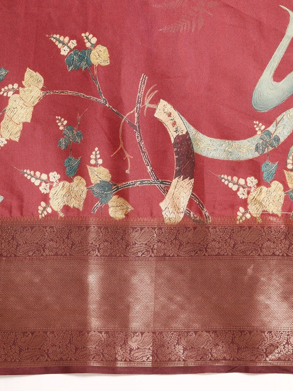 Red Kanchipuram Silk Digital Print Floral Saree with Unstitched Blouse - Hiral Fashion | Swadesiicart