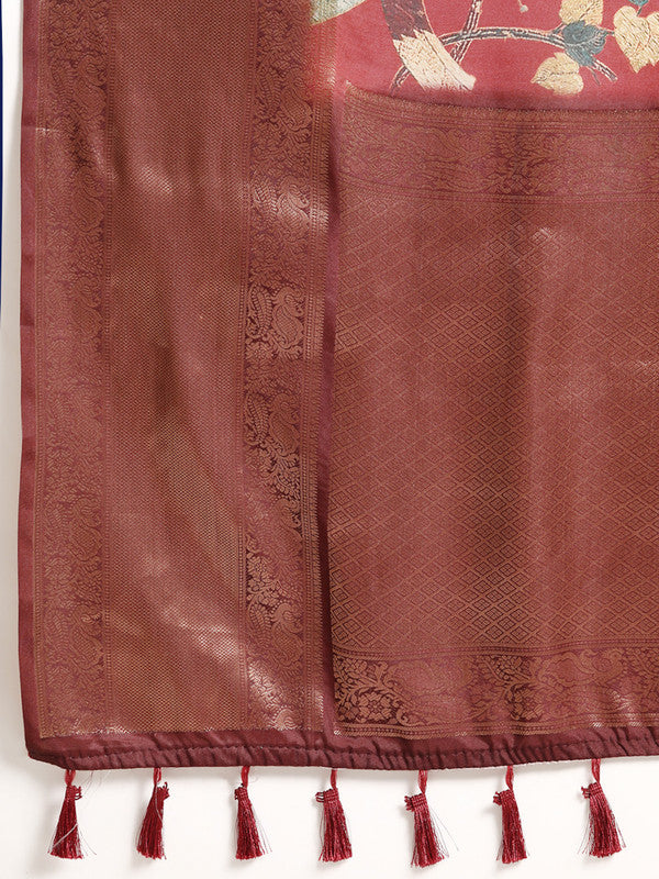 Red Kanchipuram Silk Digital Print Floral Saree with Unstitched Blouse - Hiral Fashion | Swadesiicart