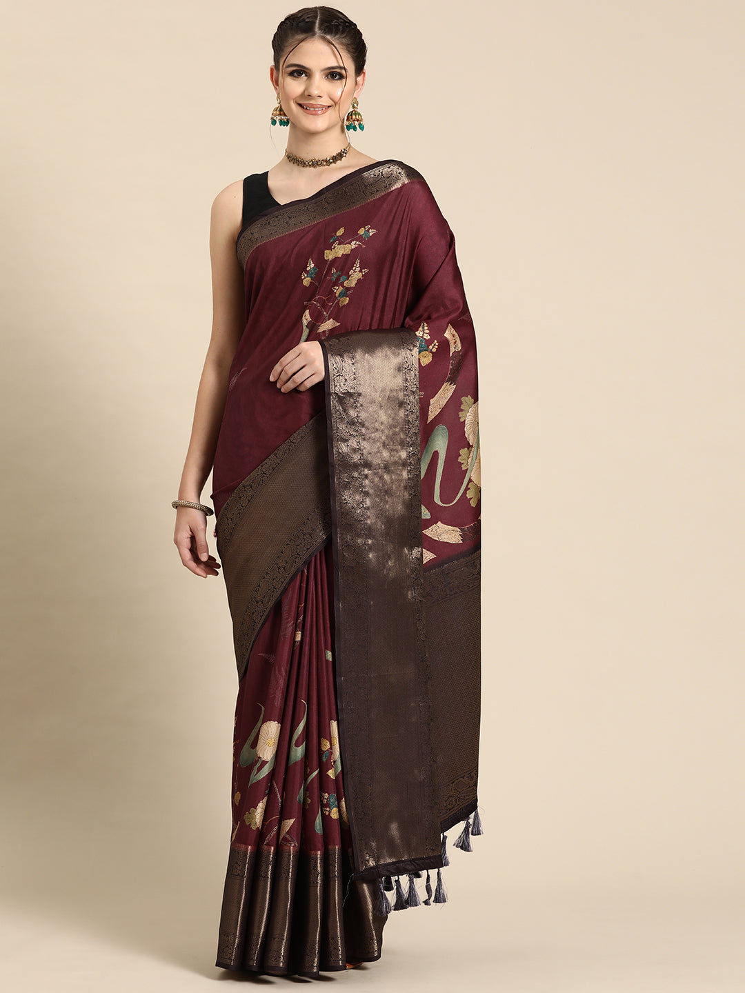 Purple Kanchipuram Silk Digital Print Floral Saree with Unstitched Blouse - Hiral Fashion | Swadesiicart
