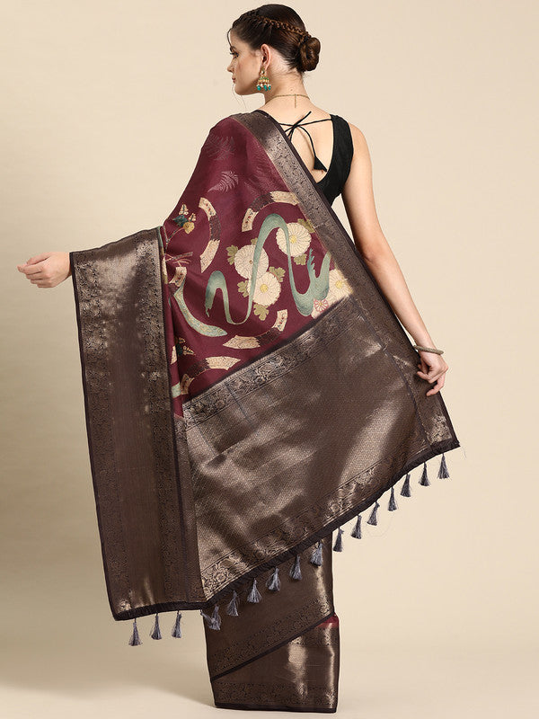 Purple Kanchipuram Silk Digital Print Floral Saree with Unstitched Blouse - Hiral Fashion | Swadesiicart