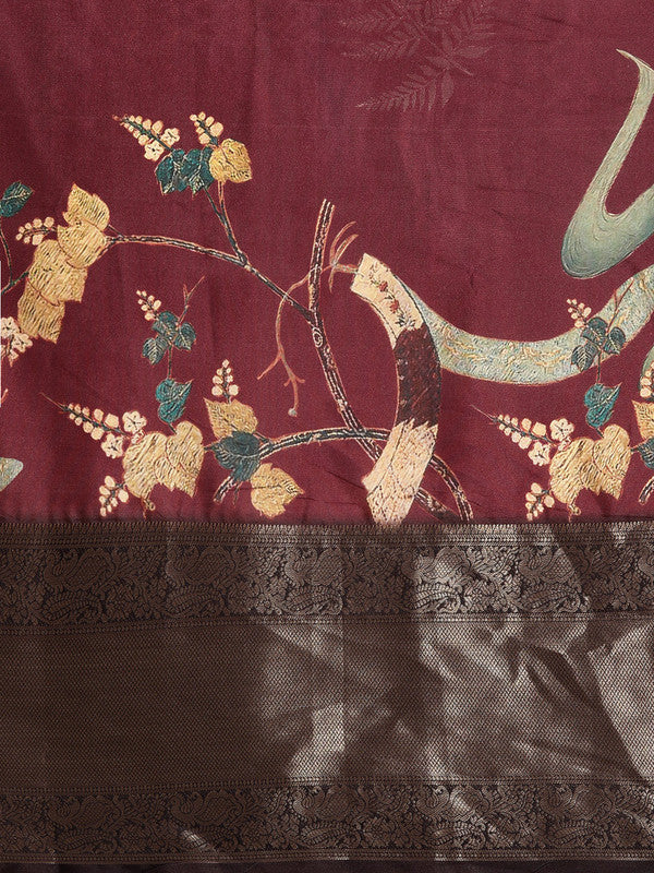 Purple Kanchipuram Silk Digital Print Floral Saree with Unstitched Blouse - Hiral Fashion | Swadesiicart