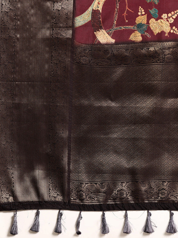 Purple Kanchipuram Silk Digital Print Floral Saree with Unstitched Blouse - Hiral Fashion | Swadesiicart