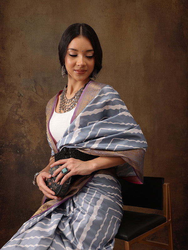 Gray Silk Blend Digital Print Striped Saree with Unstitched Blouse - Hiral Fashion | Swadesiicart