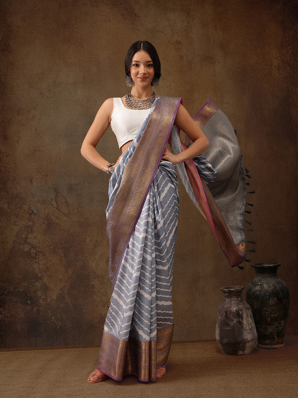 Gray Silk Blend Digital Print Striped Saree with Unstitched Blouse - Hiral Fashion | Swadesiicart