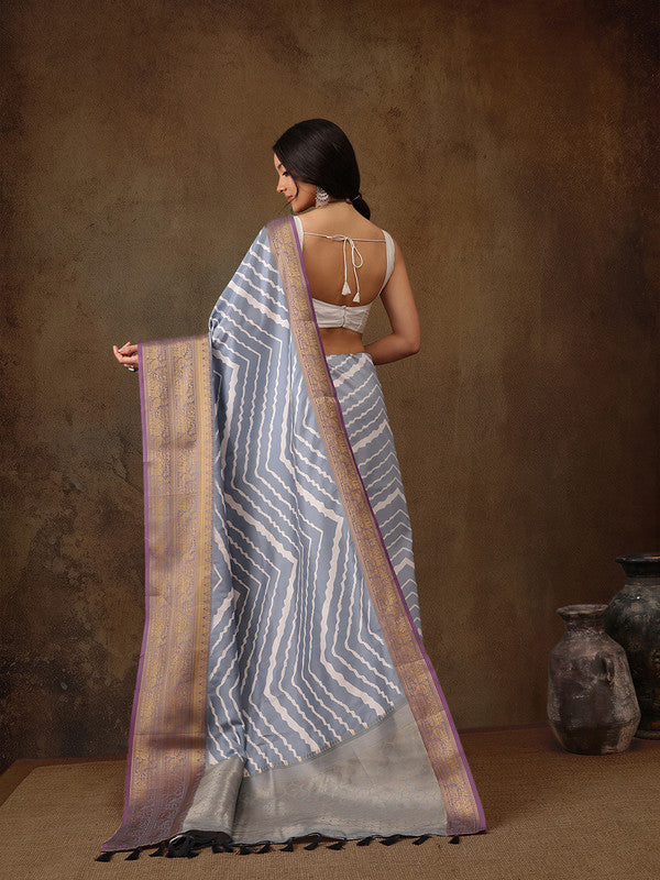 Gray Silk Blend Digital Print Striped Saree with Unstitched Blouse - Hiral Fashion | Swadesiicart