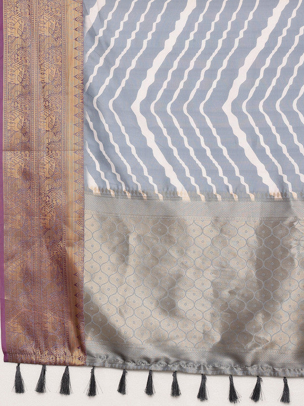 Gray Silk Blend Digital Print Striped Saree with Unstitched Blouse - Hiral Fashion | Swadesiicart