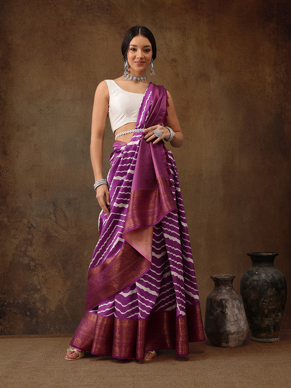 Lavender Silk Blend Digital Print Striped Saree with Unstitched Blouse - Hiral Fashion | Swadesiicart