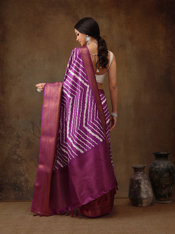 Lavender Silk Blend Digital Print Striped Saree with Unstitched Blouse - Hiral Fashion | Swadesiicart