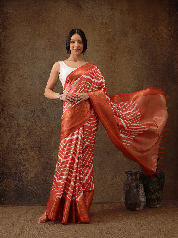 Peach Silk Blend Digital Print Striped Saree with Unstitched Blouse - Hiral Fashion | Swadesiicart