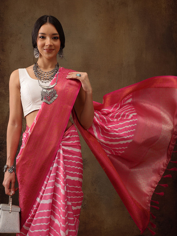 Pink Silk Blend Digital Print Striped Saree with Unstitched Blouse - Hiral Fashion | Swadesiicart