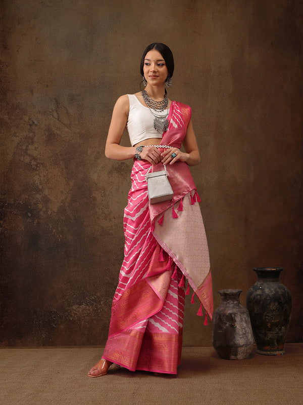 Pink Silk Blend Digital Print Striped Saree with Unstitched Blouse - Hiral Fashion | Swadesiicart