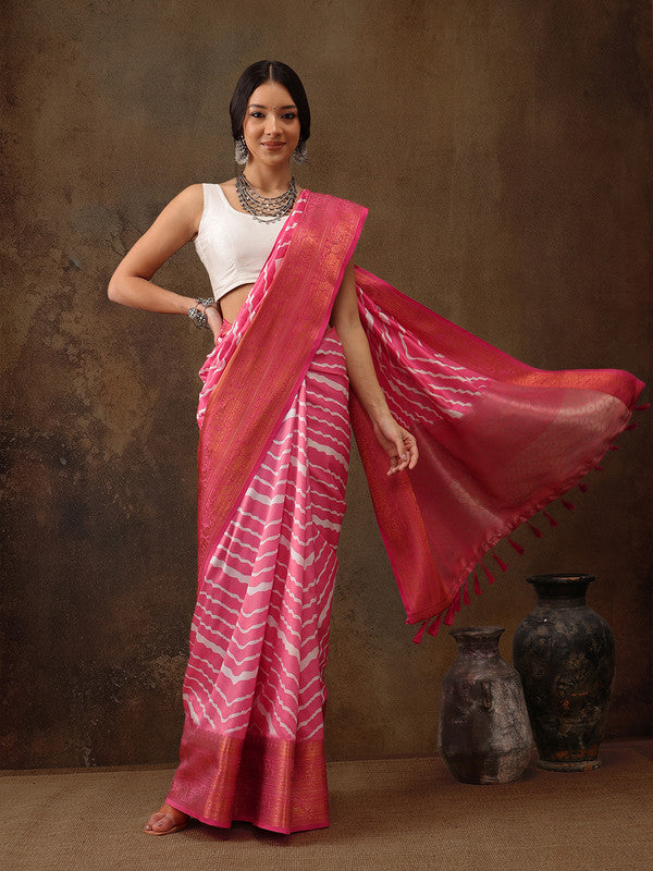 Pink Silk Blend Digital Print Striped Saree with Unstitched Blouse - Hiral Fashion | Swadesiicart