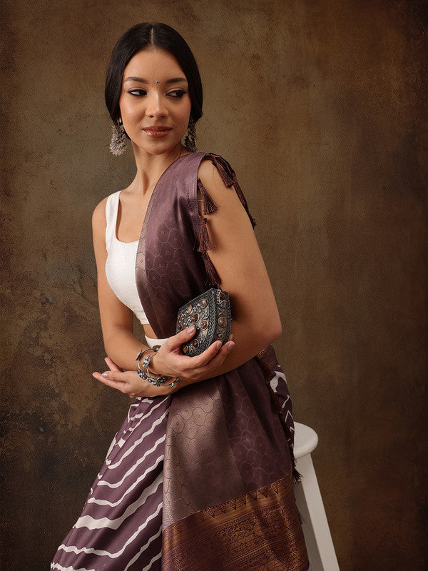 Purple Silk Blend Digital Print Striped Saree with Unstitched Blouse - Hiral Fashion | Swadesiicart