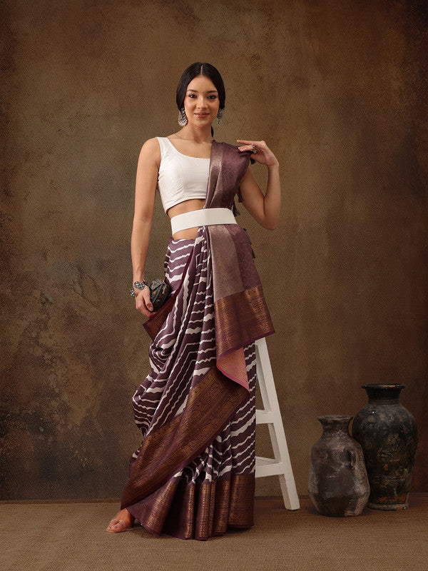 Purple Silk Blend Digital Print Striped Saree with Unstitched Blouse - Hiral Fashion | Swadesiicart