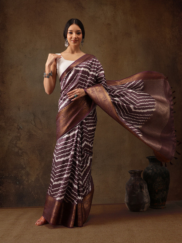 Purple Silk Blend Digital Print Striped Saree with Unstitched Blouse - Hiral Fashion | Swadesiicart