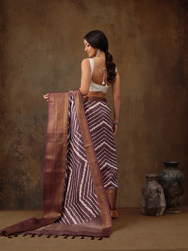 Purple Silk Blend Digital Print Striped Saree with Unstitched Blouse - Hiral Fashion | Swadesiicart