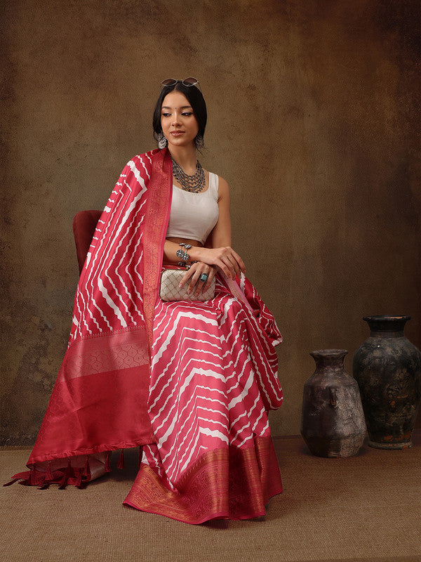 Red Silk Blend Digital Print Striped Saree with Unstitched Blouse - Hiral Fashion | Swadesiicart
