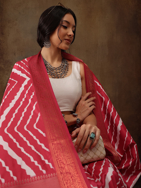 Red Silk Blend Digital Print Striped Saree with Unstitched Blouse - Hiral Fashion | Swadesiicart