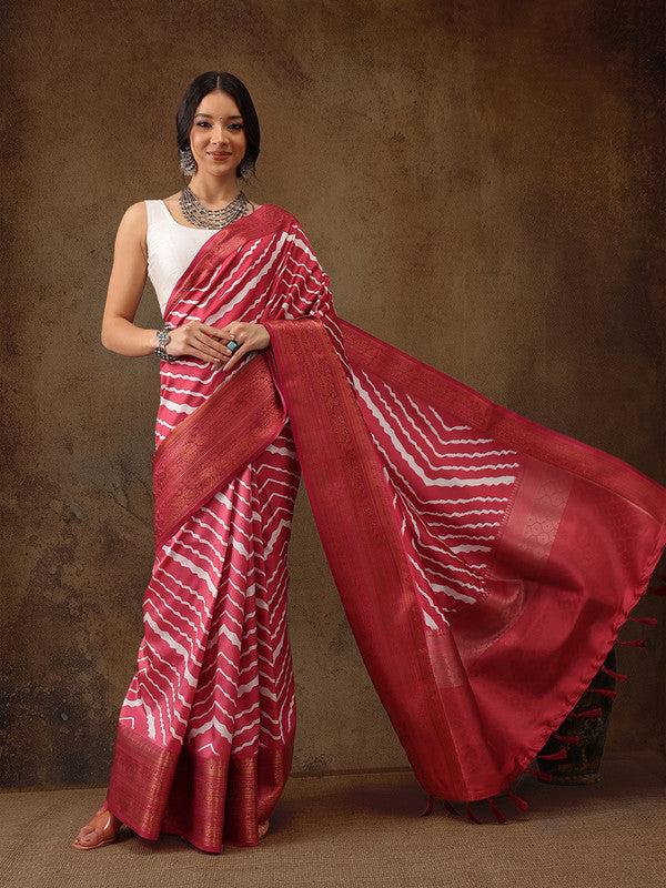 Red Silk Blend Digital Print Striped Saree with Unstitched Blouse - Hiral Fashion | Swadesiicart