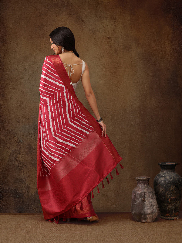 Red Silk Blend Digital Print Striped Saree with Unstitched Blouse - Hiral Fashion | Swadesiicart