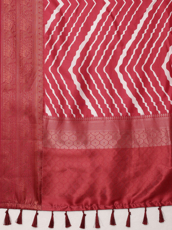 Red Silk Blend Digital Print Striped Saree with Unstitched Blouse - Hiral Fashion | Swadesiicart