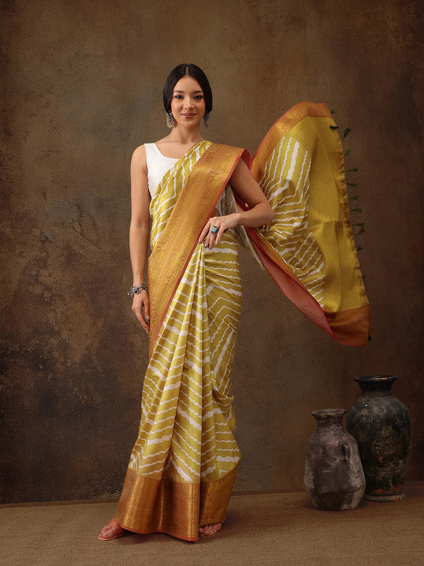 Yellow Silk Blend Digital Print Striped Saree with Unstitched Blouse - Hiral Fashion | Swadesiicart