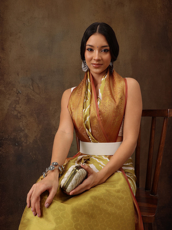 Yellow Silk Blend Digital Print Striped Saree with Unstitched Blouse - Hiral Fashion | Swadesiicart