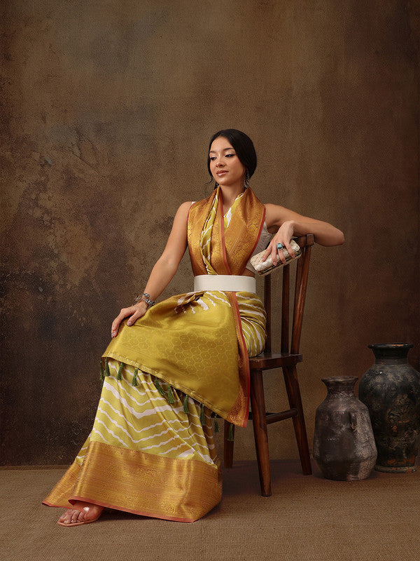 Yellow Silk Blend Digital Print Striped Saree with Unstitched Blouse - Hiral Fashion | Swadesiicart
