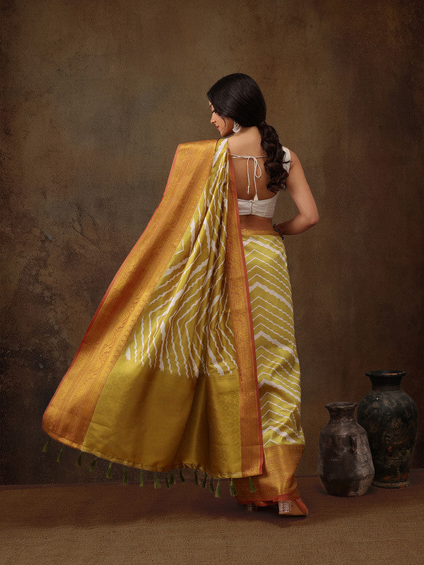 Yellow Silk Blend Digital Print Striped Saree with Unstitched Blouse - Hiral Fashion | Swadesiicart