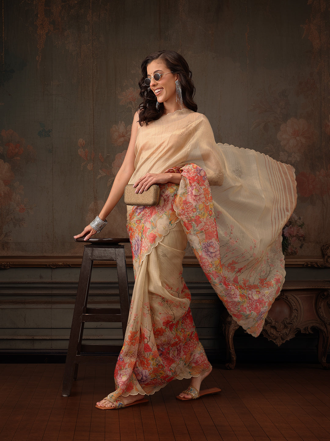 Hiral Fashion Beige Kota Doria Tissue Silk Floral Digital Print Saree | Swadesiicart