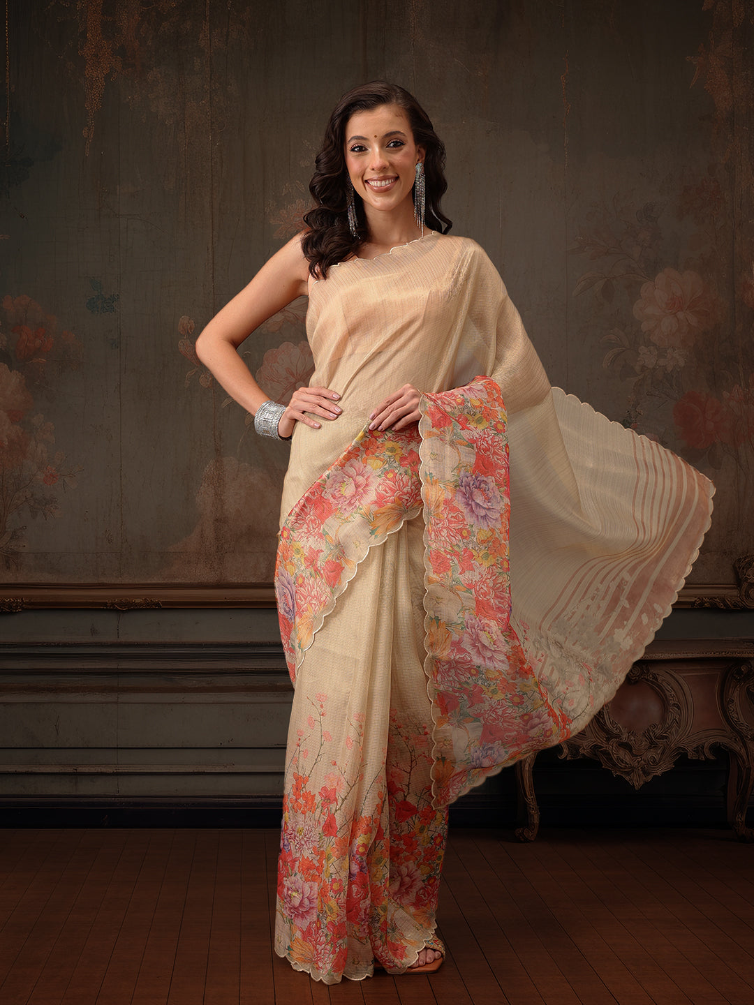 Hiral Fashion Beige Kota Doria Tissue Silk Floral Digital Print Saree | Swadesiicart