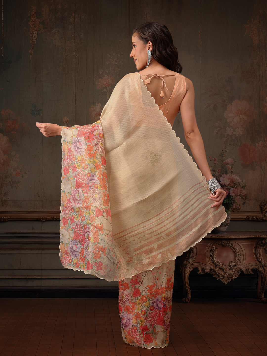 Hiral Fashion Beige Kota Doria Tissue Silk Floral Digital Print Saree | Swadesiicart