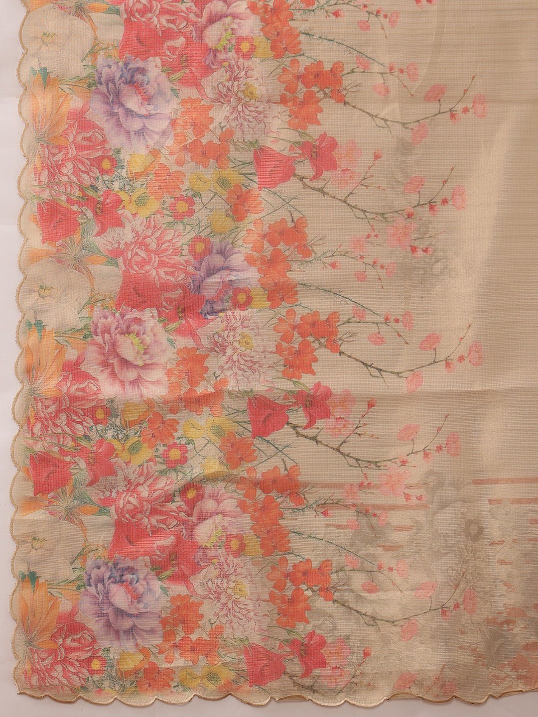 Hiral Fashion Beige Kota Doria Tissue Silk Floral Digital Print Saree | Swadesiicart