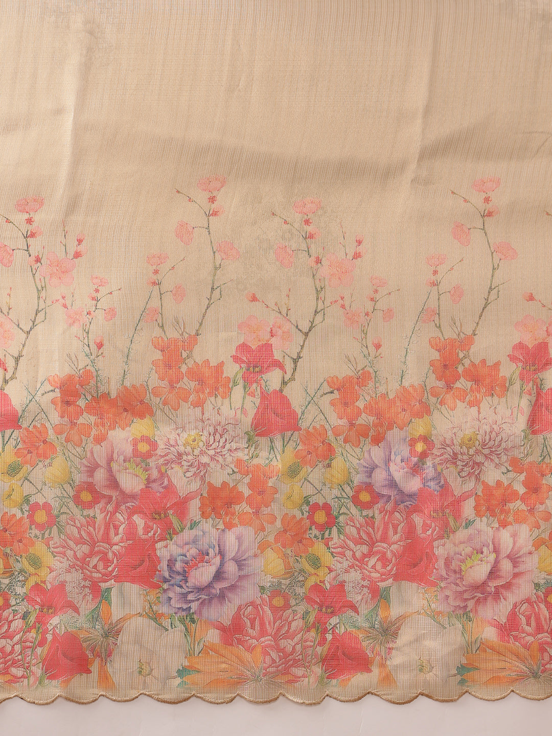 Hiral Fashion Beige Kota Doria Tissue Silk Floral Digital Print Saree | Swadesiicart