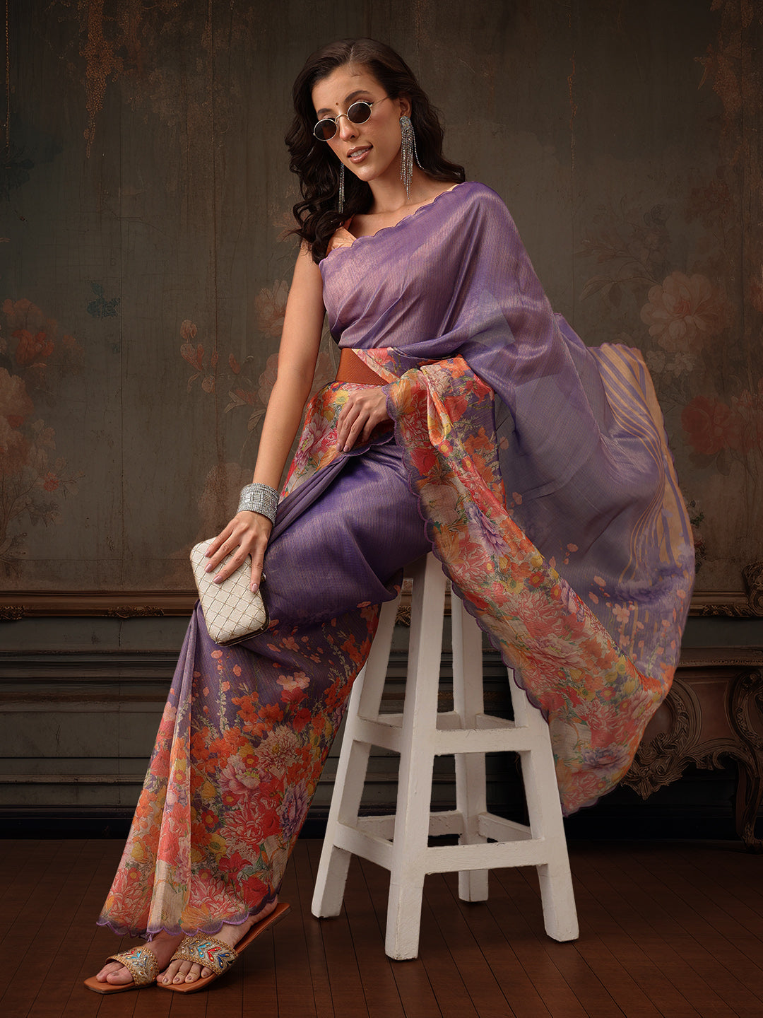 Hiral Fashion Lavender Kota Doria Tissue Silk Floral Digital Print Saree | Swadesiicart