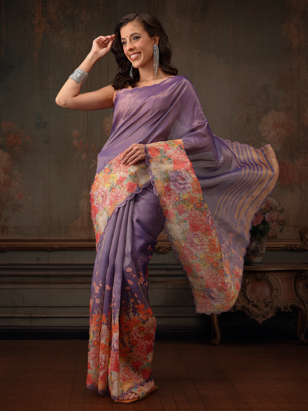 Hiral Fashion Lavender Kota Doria Tissue Silk Floral Digital Print Saree | Swadesiicart