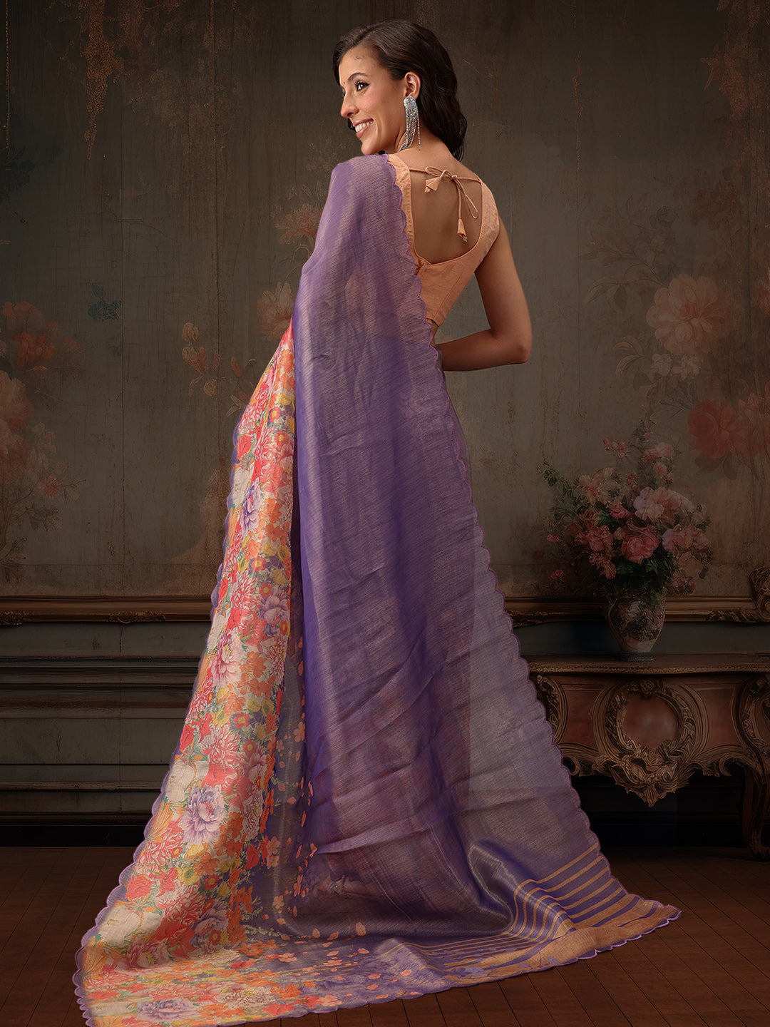 Hiral Fashion Lavender Kota Doria Tissue Silk Floral Digital Print Saree | Swadesiicart
