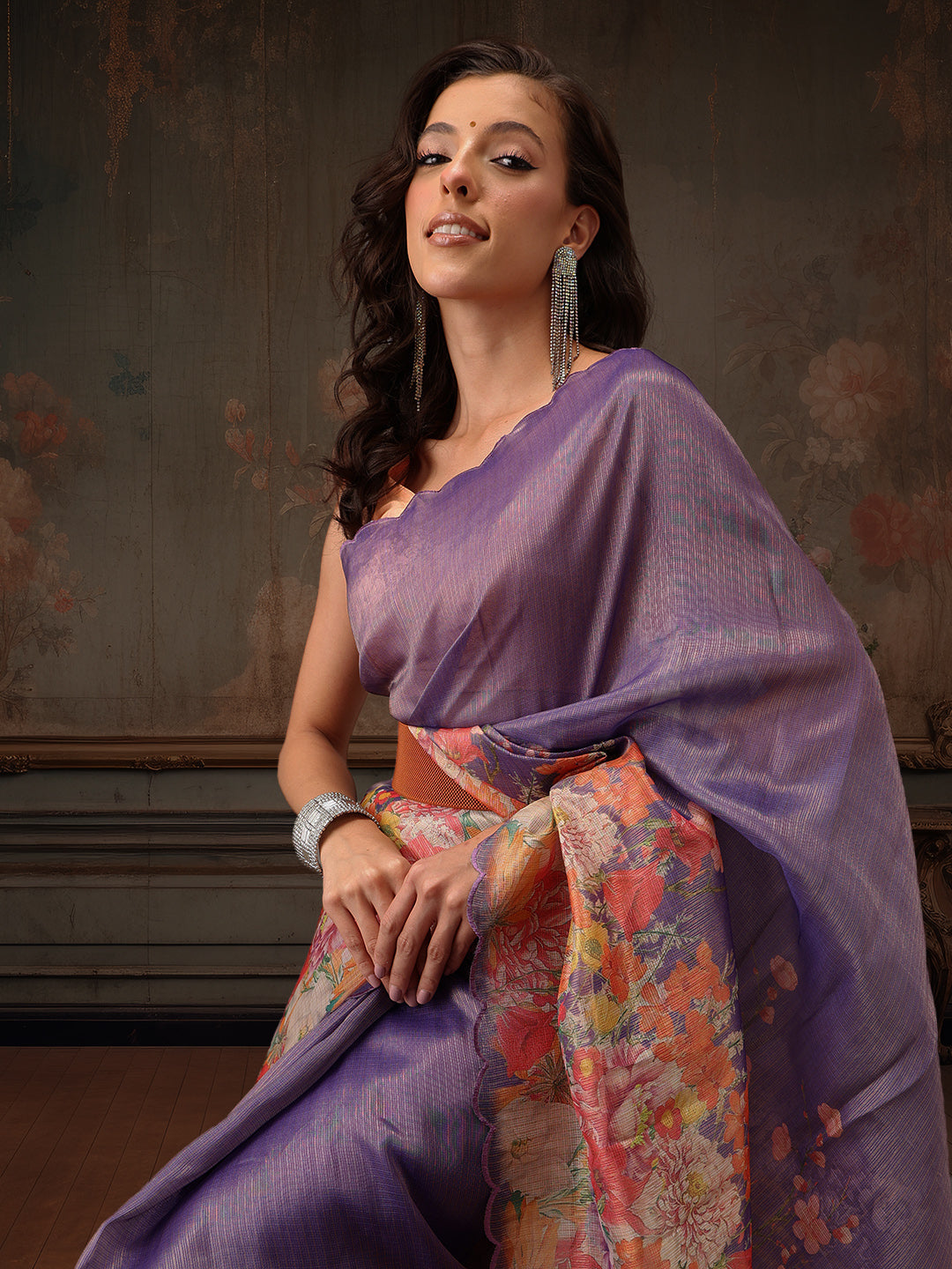 Hiral Fashion Lavender Kota Doria Tissue Silk Floral Digital Print Saree | Swadesiicart