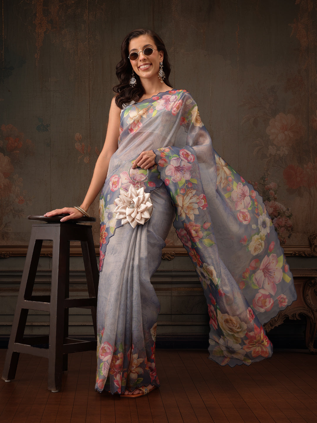 Hiral Fashion Blue Kota Doria Tissue Silk Floral Digital Print Saree | Swadesiicart