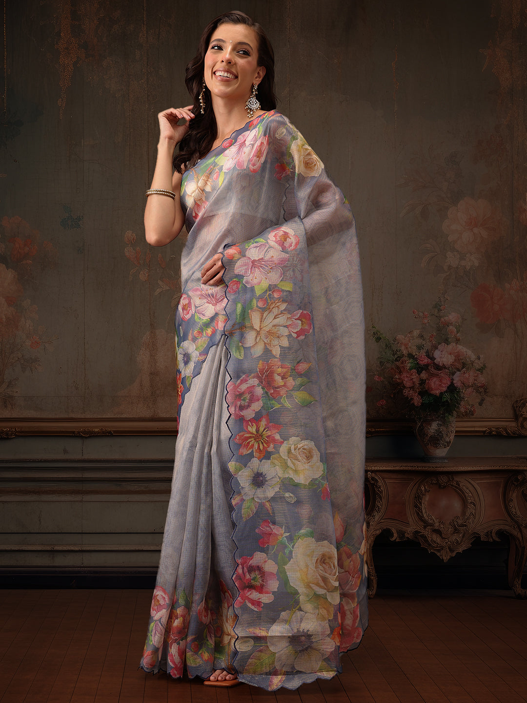 Hiral Fashion Blue Kota Doria Tissue Silk Floral Digital Print Saree | Swadesiicart