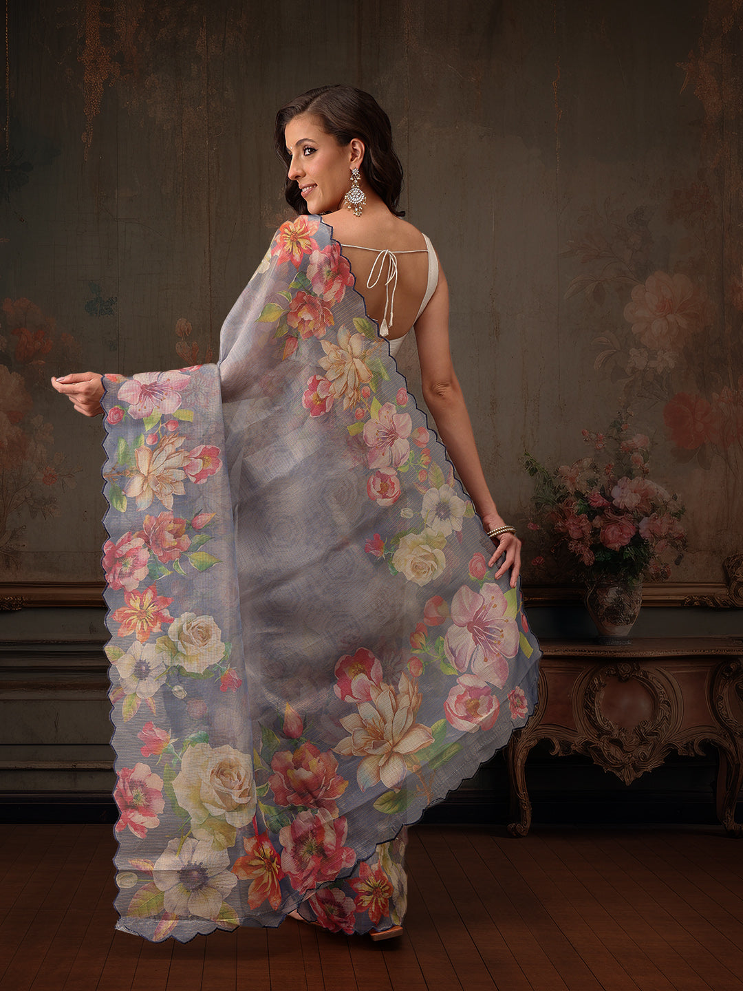 Hiral Fashion Blue Kota Doria Tissue Silk Floral Digital Print Saree | Swadesiicart