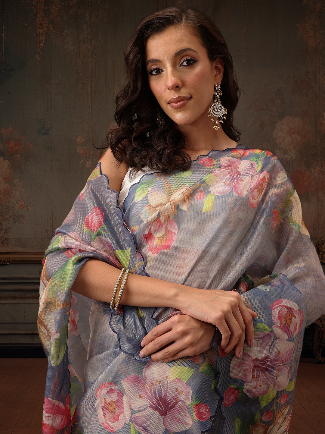 Hiral Fashion Blue Kota Doria Tissue Silk Floral Digital Print Saree | Swadesiicart
