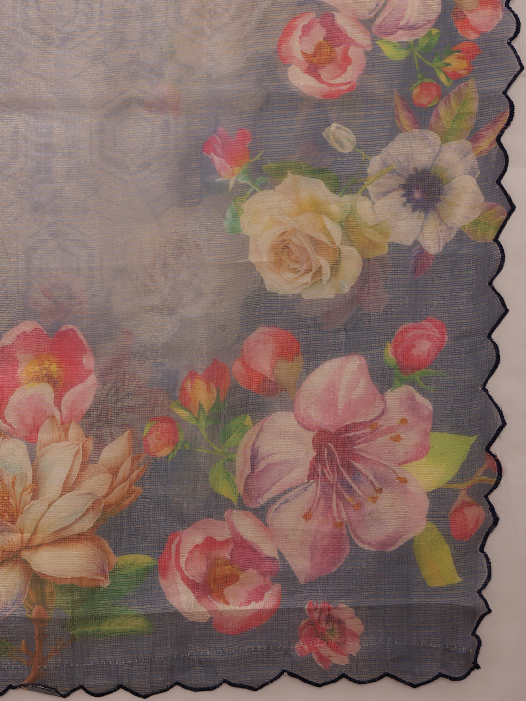 Hiral Fashion Blue Kota Doria Tissue Silk Floral Digital Print Saree | Swadesiicart