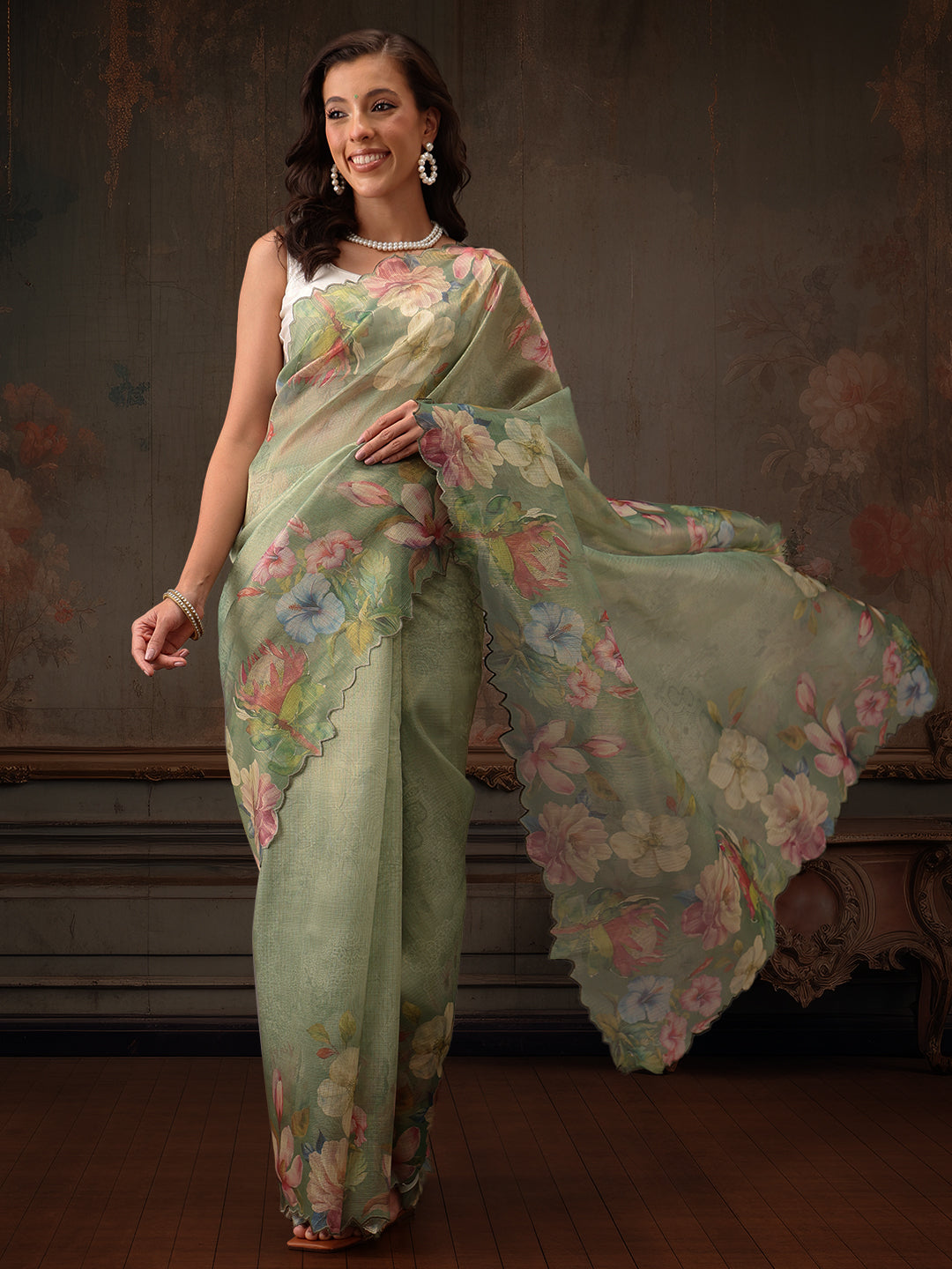 Hiral Fashion Green Kota Doria Tissue Silk Floral Digital Print Saree | Swadesiicart