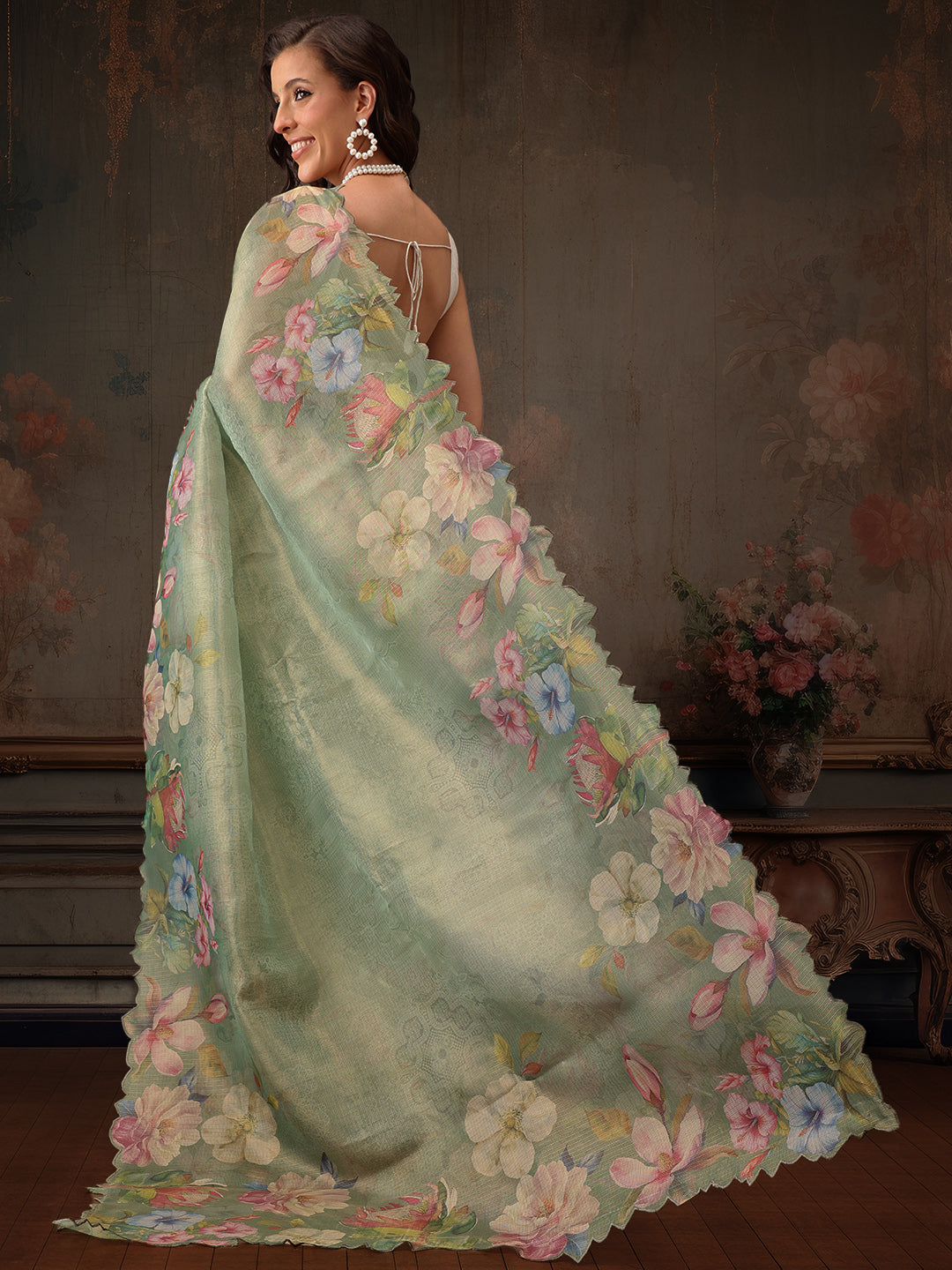 Hiral Fashion Green Kota Doria Tissue Silk Floral Digital Print Saree | Swadesiicart