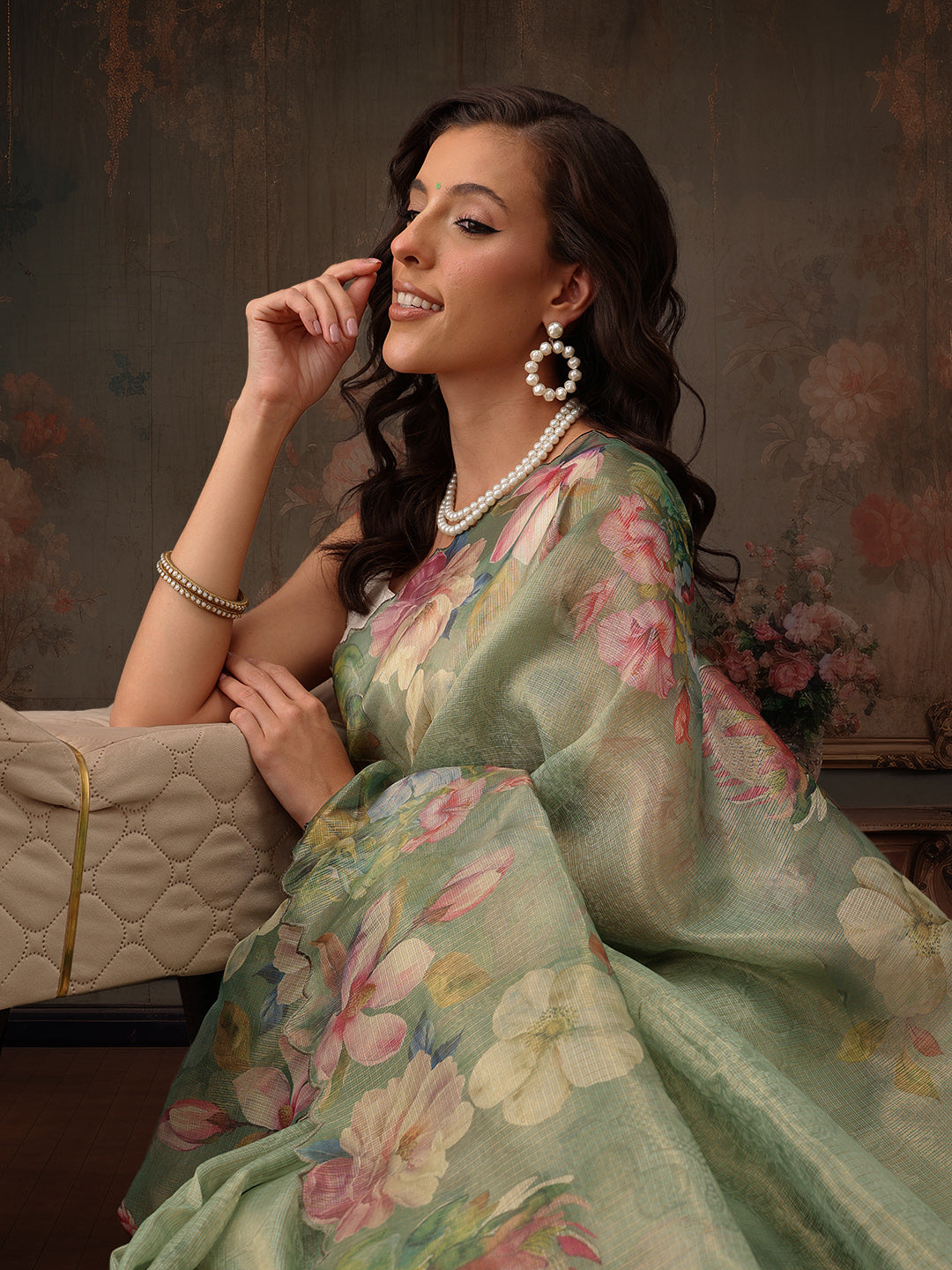 Hiral Fashion Green Kota Doria Tissue Silk Floral Digital Print Saree | Swadesiicart